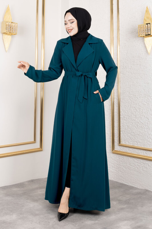 Tam Boy Beli Kuşaklı Kap TSD250201 Petrol - Tesettür Dünyası