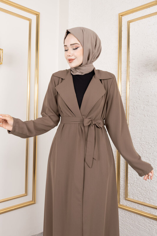 Tam Boy Beli Kuşaklı Kap TSD250201 Vizon - Tesettür Dünyası (1)