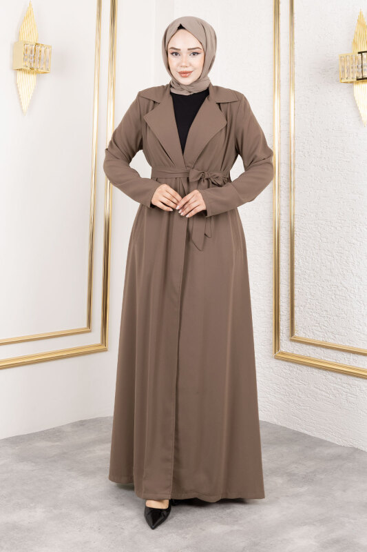 Tam Boy Beli Kuşaklı Kap TSD250201 Vizon - Tesettür Dünyası