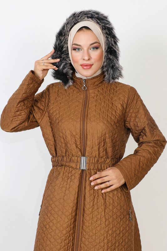 Tam Boy Desenli Kapitone Mont TSD230912 Taba - Tesettür Dünyası (1)