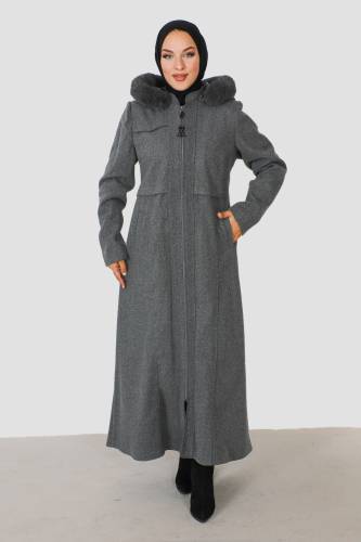 Tam Boy Fermuarlı Kaşe Kaban TSD230913 Gri 