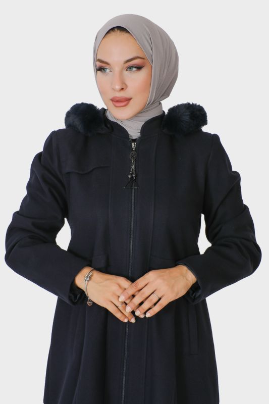 Tam Boy Fermuarlı Kaşe Kaban TSD230913 Lacivert - 2