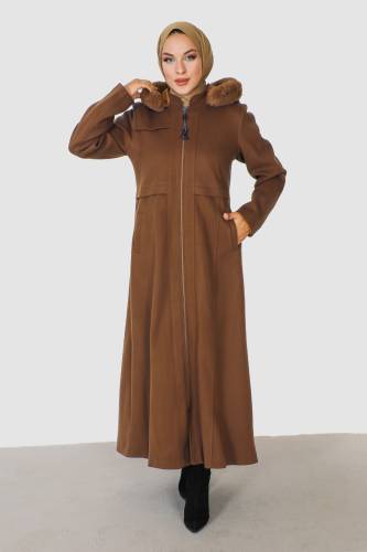 Tam Boy Fermuarlı Kaşe Kaban TSD230913 Taba 