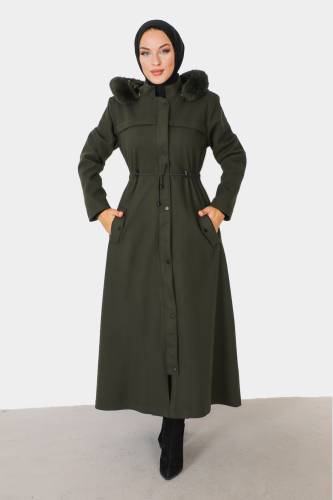 Tam Boy Gizli Fermuarlı Kaşe Kaban TSD230911 Haki 