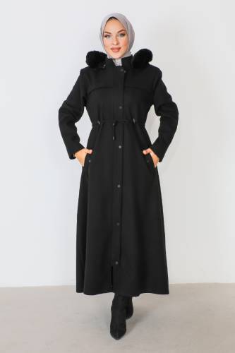 Tam Boy Gizli Fermuarlı Kaşe Kaban TSD230911 Siyah 