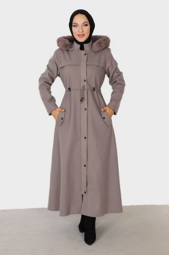 Tam Boy Gizli Fermuarlı Kaşe Kaban TSD230911 Vizon 