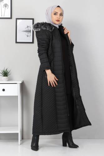 Tam Boy Kapitone Mont TSD230724 Siyah - Tesettür Dünyası