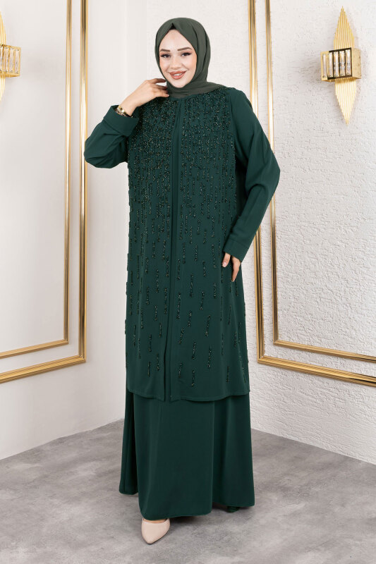 Taş Detaylı Elbise TSD250130 Zümrüt Yeşili - Tesettür Dünyası