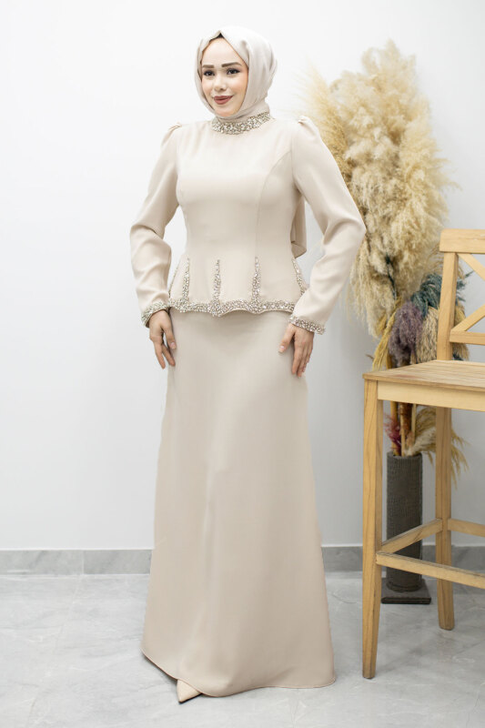 Taş İşlemeli Peplum Tesettür Abiye TSD260195 Bej - Tesettür Dünyası