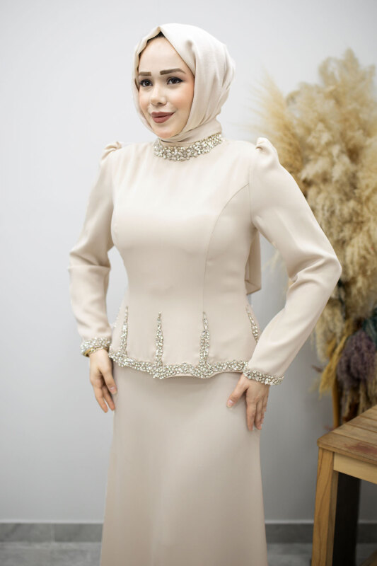 Taş İşlemeli Peplum Tesettür Abiye TSD260195 Bej - Tesettür Dünyası (1)
