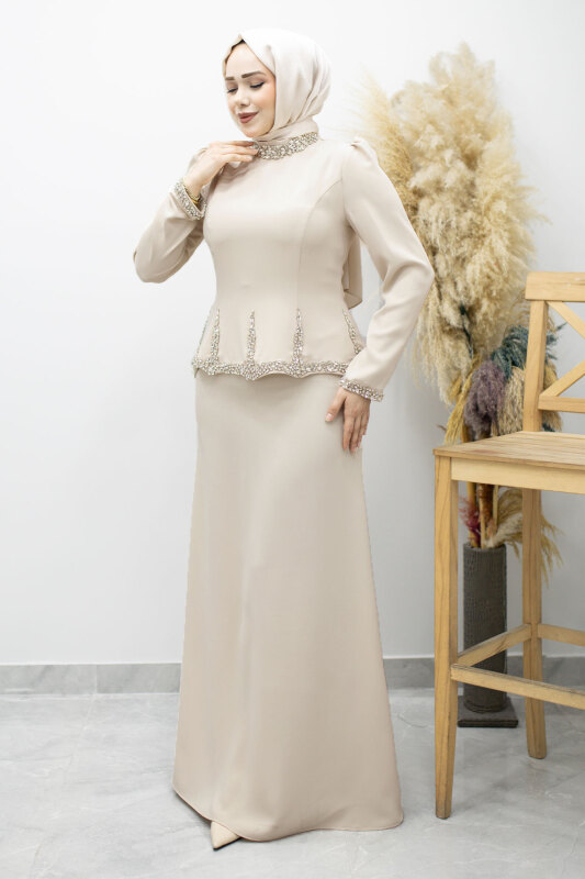 Taş İşlemeli Peplum Tesettür Abiye TSD260195 Bej - 3
