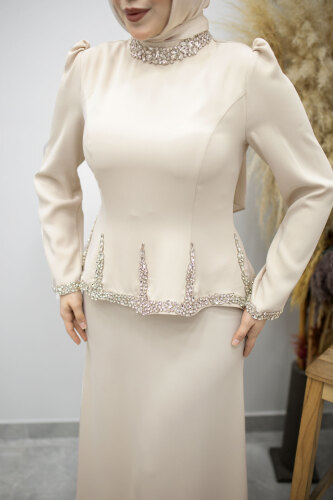 Taş İşlemeli Peplum Tesettür Abiye TSD260195 Bej - 4