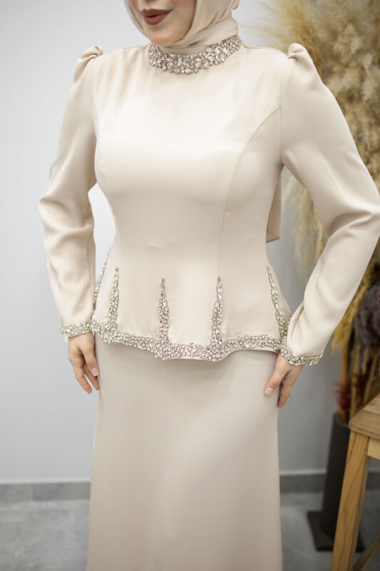 Taş İşlemeli Peplum Tesettür Abiye TSD260195 Bej - 4