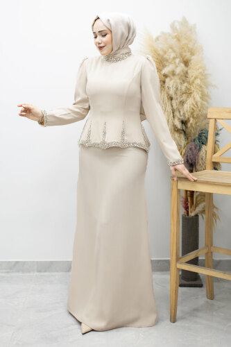 Taş İşlemeli Peplum Tesettür Abiye TSD260195 Bej - 5