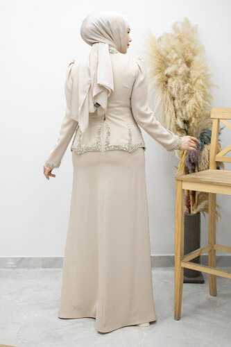 Taş İşlemeli Peplum Tesettür Abiye TSD260195 Bej - 6