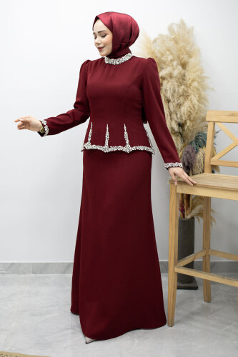 Taş İşlemeli Peplum Tesettür Abiye TSD260195 Bordo - Tesettür Dünyası