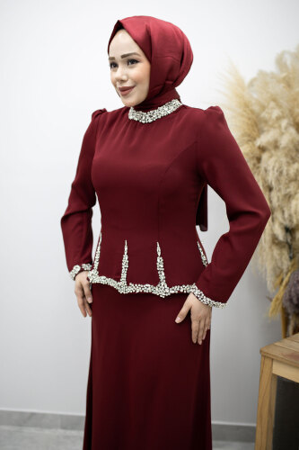 Taş İşlemeli Peplum Tesettür Abiye TSD260195 Bordo - Tesettür Dünyası (1)