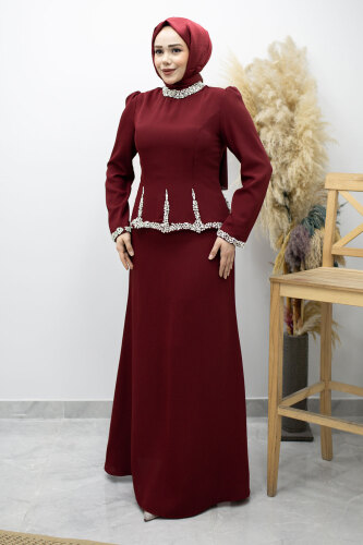 Taş İşlemeli Peplum Tesettür Abiye TSD260195 Bordo - 3