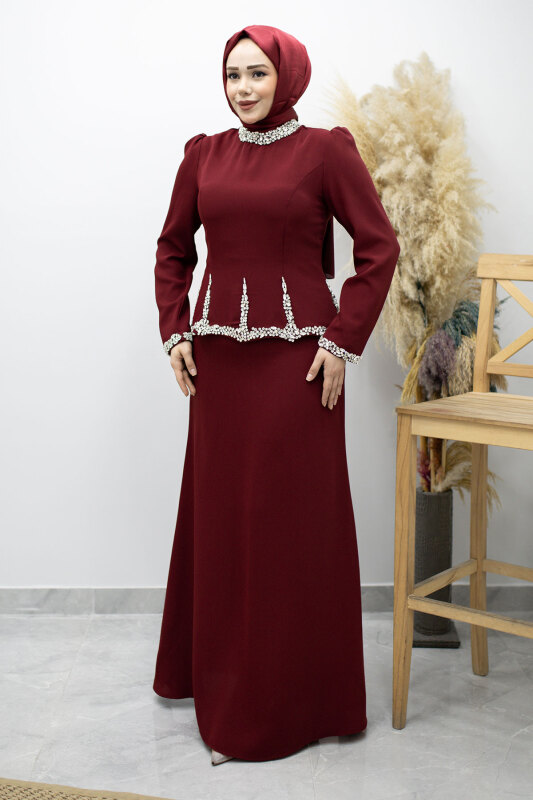 Taş İşlemeli Peplum Tesettür Abiye TSD260195 Bordo - 3
