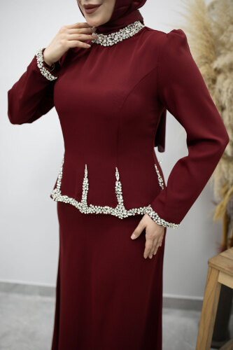 Taş İşlemeli Peplum Tesettür Abiye TSD260195 Bordo - 4