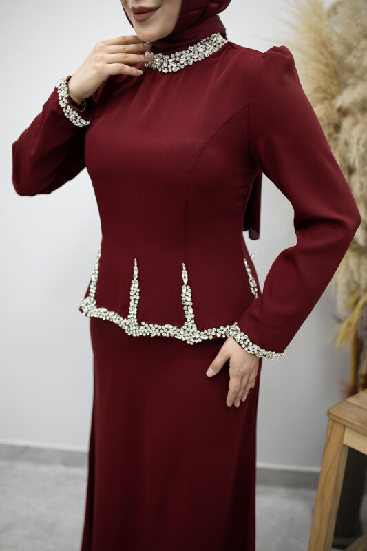 Taş İşlemeli Peplum Tesettür Abiye TSD260195 Bordo - 4