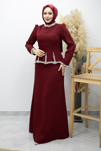 Taş İşlemeli Peplum Tesettür Abiye TSD260195 Bordo - 5