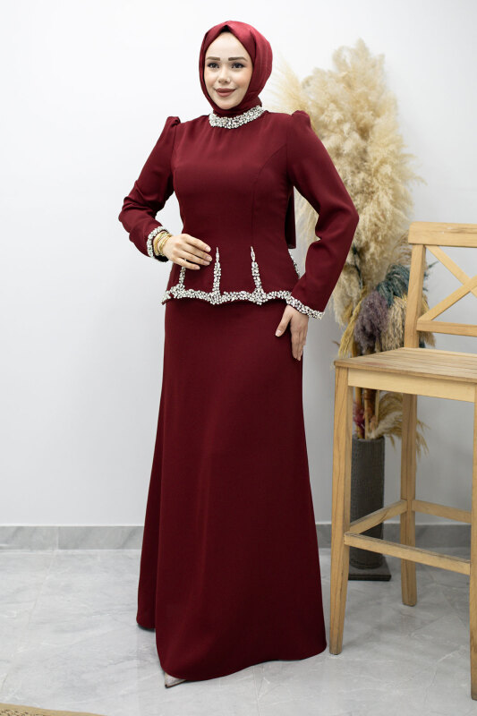 Taş İşlemeli Peplum Tesettür Abiye TSD260195 Bordo - 5