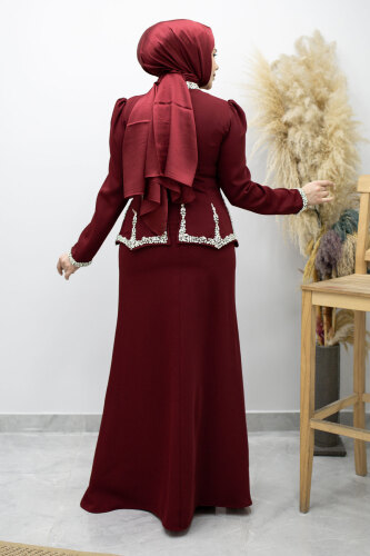 Taş İşlemeli Peplum Tesettür Abiye TSD260195 Bordo - 6