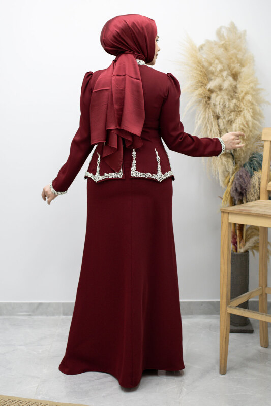 Taş İşlemeli Peplum Tesettür Abiye TSD260195 Bordo - 6