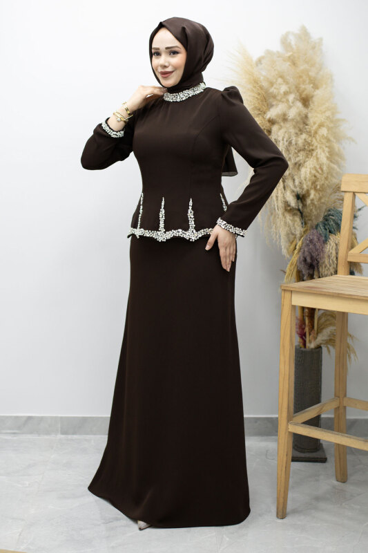 Taş İşlemeli Peplum Tesettür Abiye TSD260195 Kahverengi - Tesettür Dünyası