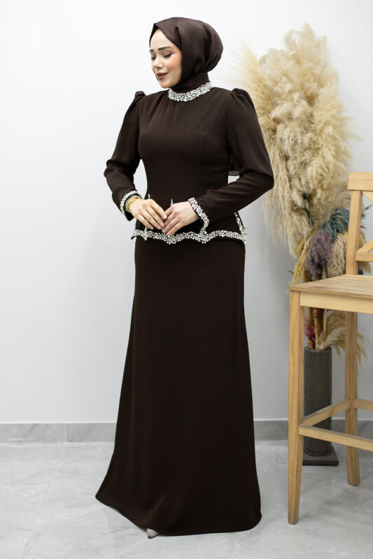 Taş İşlemeli Peplum Tesettür Abiye TSD260195 Kahverengi - 3