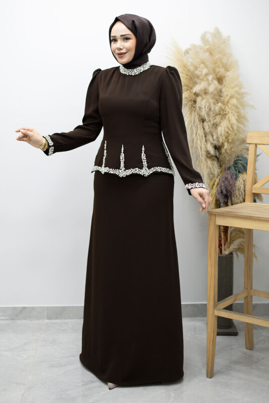 Taş İşlemeli Peplum Tesettür Abiye TSD260195 Kahverengi - 5