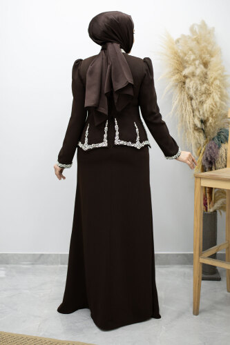 Taş İşlemeli Peplum Tesettür Abiye TSD260195 Kahverengi - 6