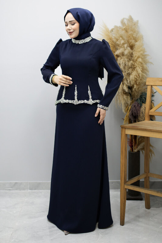 Taş İşlemeli Peplum Tesettür Abiye TSD260195 Lacivert - Tesettür Dünyası