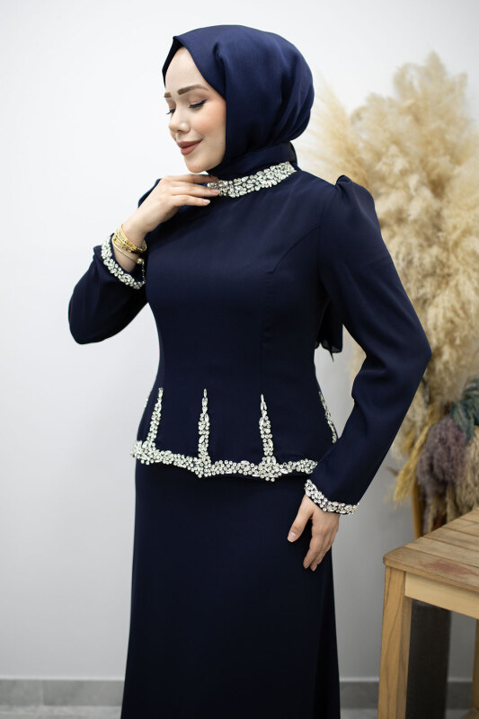 Taş İşlemeli Peplum Tesettür Abiye TSD260195 Lacivert - Tesettür Dünyası (1)