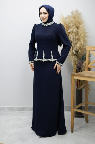 Taş İşlemeli Peplum Tesettür Abiye TSD260195 Lacivert - 3