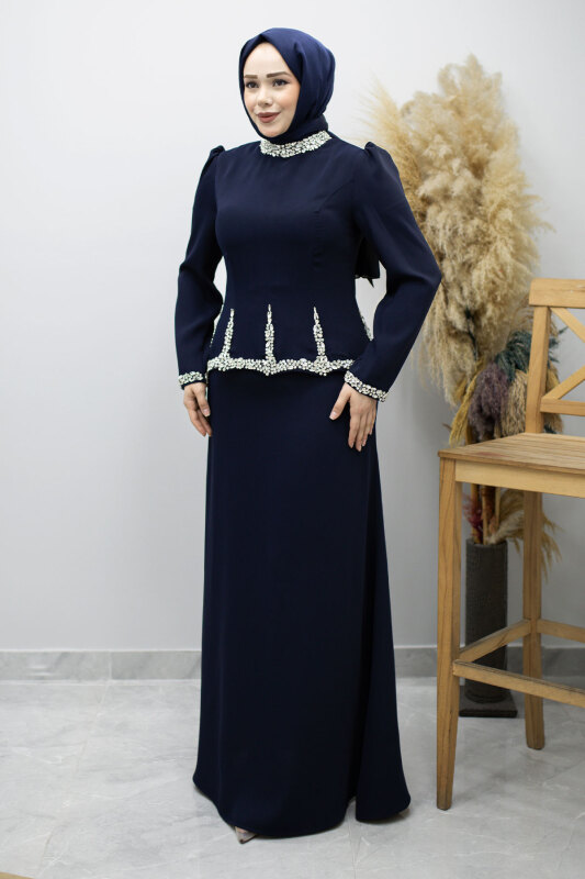 Taş İşlemeli Peplum Tesettür Abiye TSD260195 Lacivert - 3