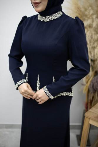 Taş İşlemeli Peplum Tesettür Abiye TSD260195 Lacivert - 4
