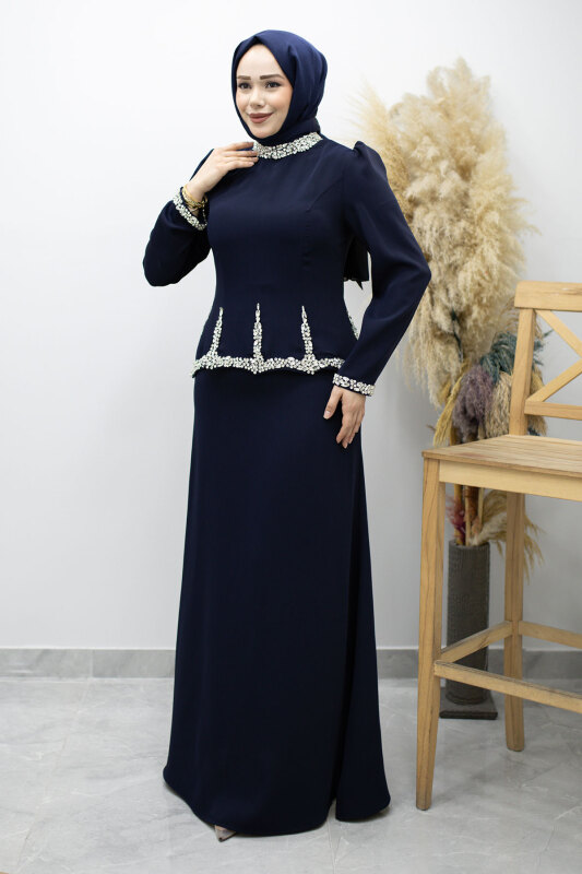 Taş İşlemeli Peplum Tesettür Abiye TSD260195 Lacivert - 5