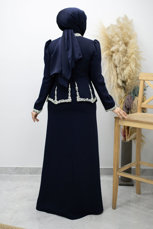 Taş İşlemeli Peplum Tesettür Abiye TSD260195 Lacivert - 6