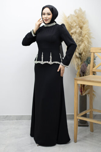 Taş İşlemeli Peplum Tesettür Abiye TSD260195 Siyah - Tesettür Dünyası