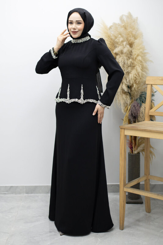 Taş İşlemeli Peplum Tesettür Abiye TSD260195 Siyah - 1