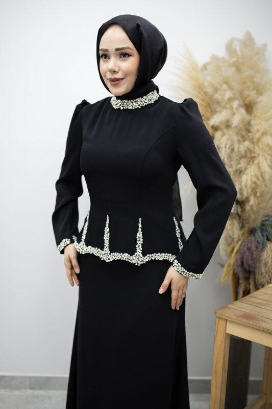 Taş İşlemeli Peplum Tesettür Abiye TSD260195 Siyah - 2