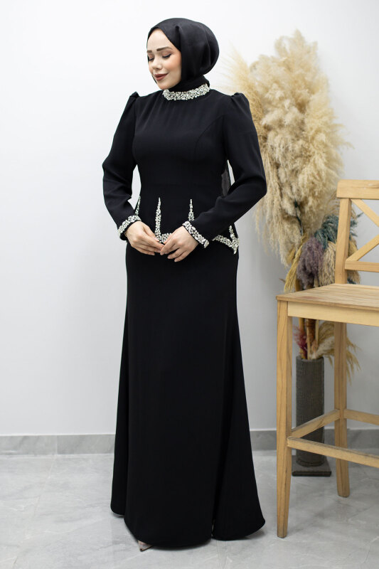 Taş İşlemeli Peplum Tesettür Abiye TSD260195 Siyah - 3