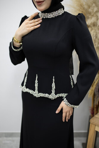 Taş İşlemeli Peplum Tesettür Abiye TSD260195 Siyah - 4
