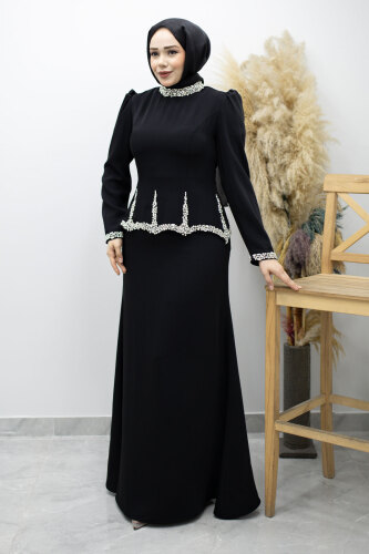 Taş İşlemeli Peplum Tesettür Abiye TSD260195 Siyah - 5