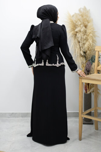 Taş İşlemeli Peplum Tesettür Abiye TSD260195 Siyah - 6
