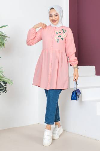 Tek Tarafı Nakışlı Tunik TSD230621 Pudra 