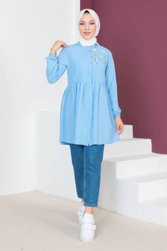 Tek Tarafı Papatya Nakışlı Tunik TSD230637 Mavi 