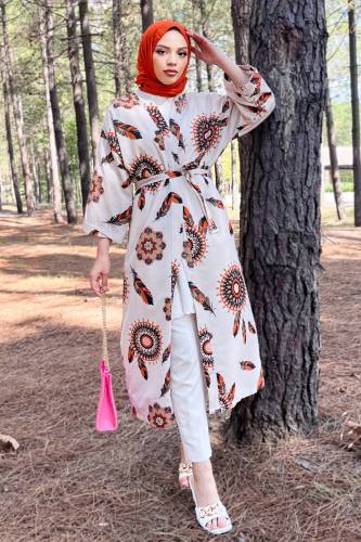 Tüy Desenli Tam Boy Kimono TSD220901 Turuncu 